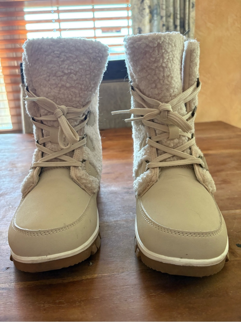 Target Women’s Sherpa-Lined Lace-Up Winter Boots in Cream and Tan